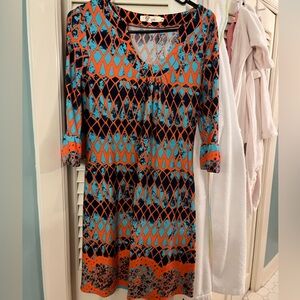 Aryeh Blue and Orange Dress with 3/4 Sleeves